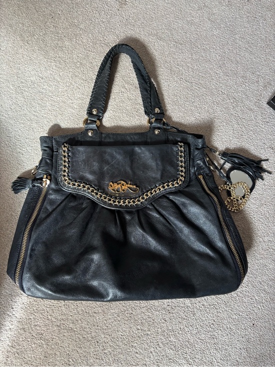 Betsey Johnson Handbags - Betsey Johnson Black Leather Chain and Zipper Satchel Tote Bag Pink Lace Lining